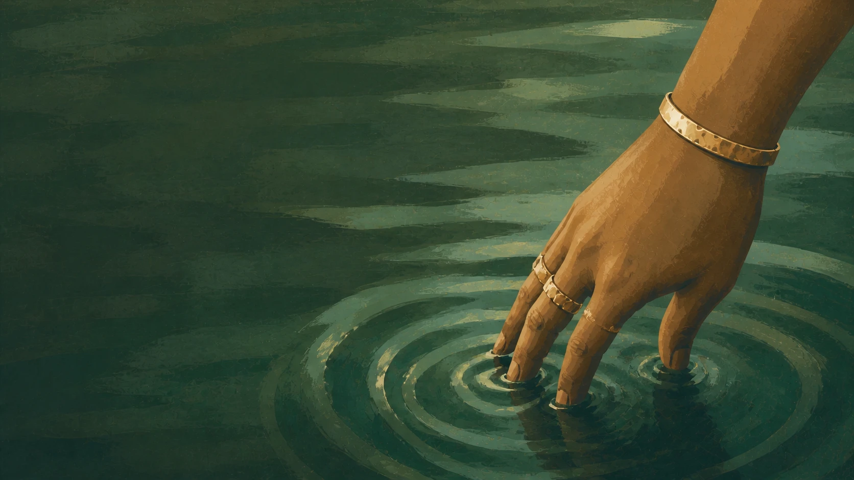 A drawn hand rests in dark green water as ripples spread from the fingertips
