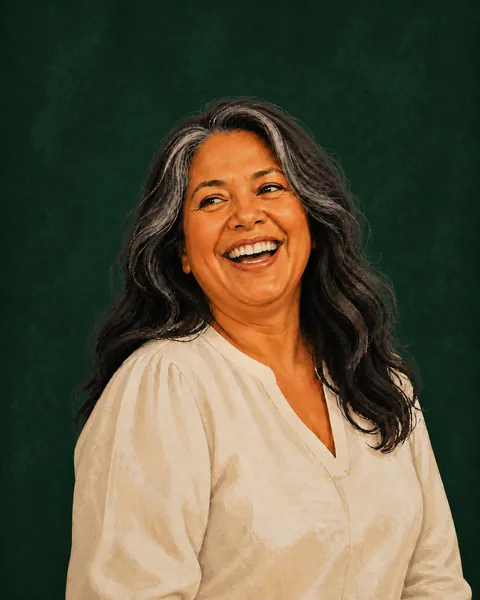 Drawn portrait of a woman with silver-streaked dark hair in a cream blouse, laughing
