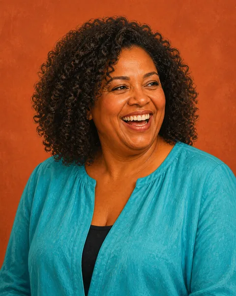 Drawn portrait of a woman with voluminous dark curls in a patina-blue blouse, laughing