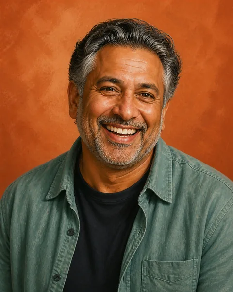 Drawn portrait of a man with salt-and-pepper hair and beard in a sea-green overshirt, grinning
